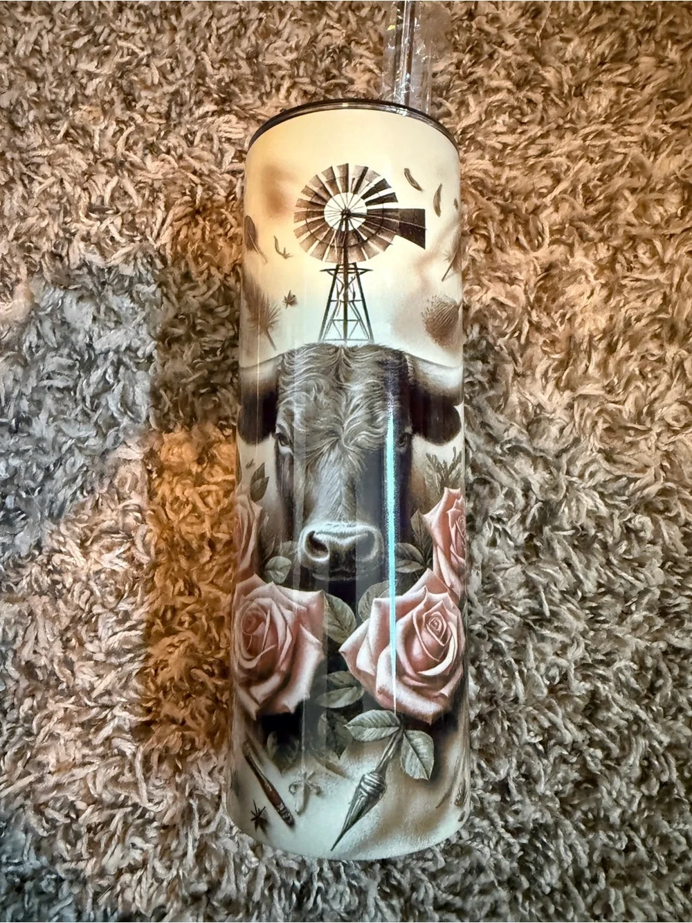 Desert Western Travel Tumbler - Beige Cactus & Revolver Design
